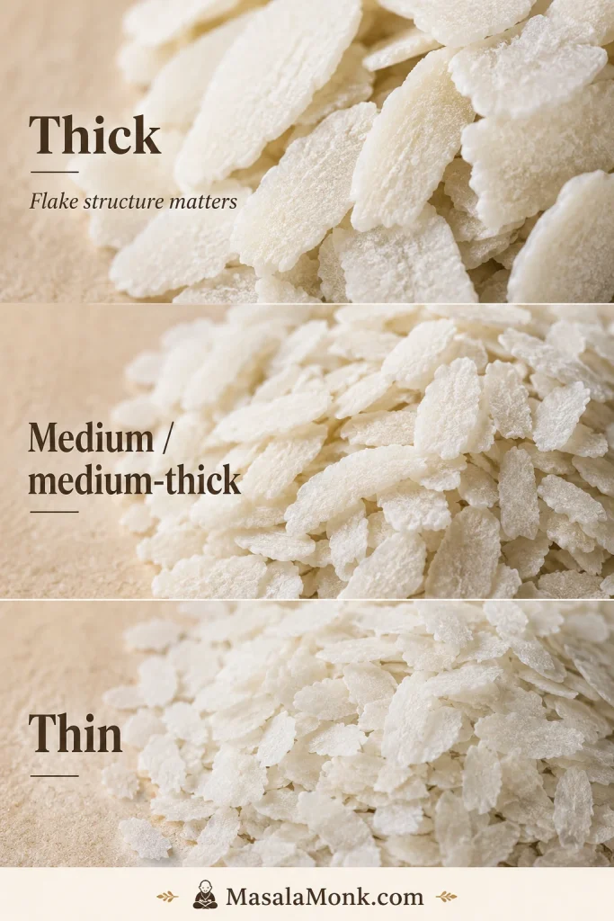 Close-up comparison of thick, medium, and thin poha flakes showing differences in flake size and structure.