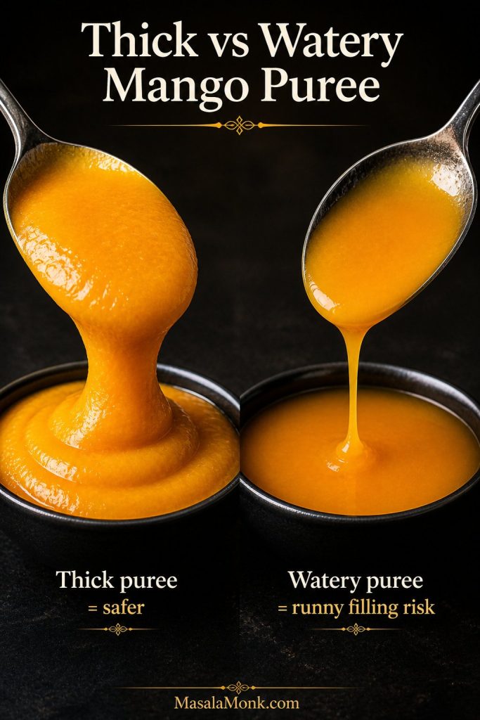 Side-by-side comparison of thick mango puree coating a spoon and watery mango puree running off a spoon.