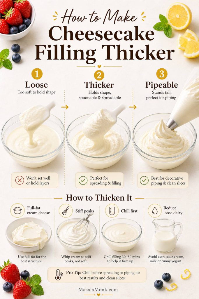 Cheesecake filling texture guide showing loose, thicker, and pipeable stages with fixing tips