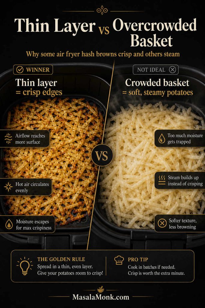 Comparison infographic showing thin-layer hash browns on one side with crisp golden edges and overcrowded hash browns on the other side looking pale and steamy, with labels explaining the difference.