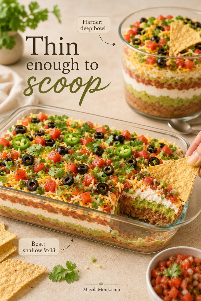 Shallow 9x13 dish of 7 layer dip being scooped cleanly, compared with a deeper bowl that is harder to scoop from.