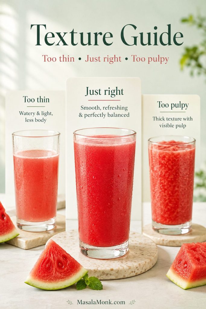 Three glasses comparing watermelon juice that is too thin, just right, and too pulpy.