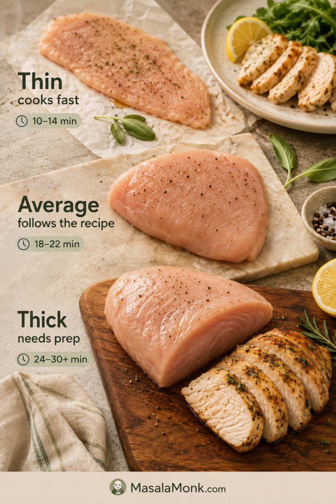 Thin, average, and thick chicken breasts with bake-time cues for each size.
