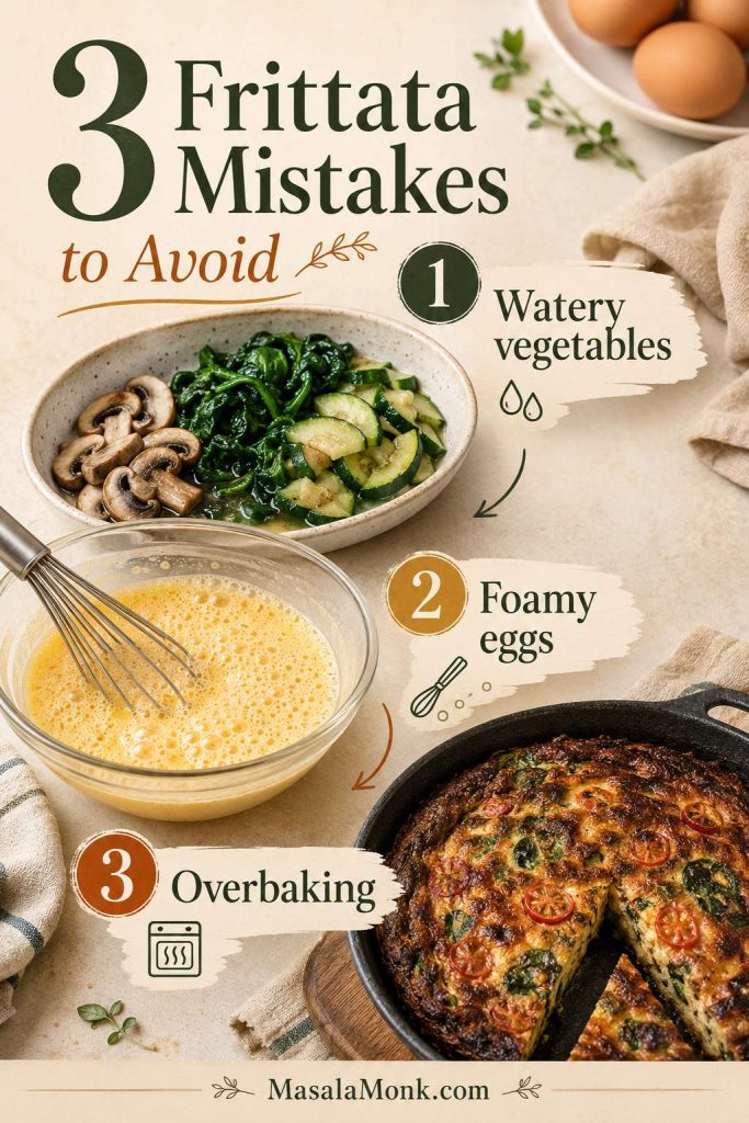 Guide showing three frittata mistakes to avoid: watery vegetables, over-whisked foamy eggs, and overbaking.