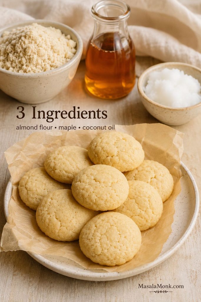 Three ingredient almond flour cookies with almond flour, maple syrup, and coconut oil nearby.