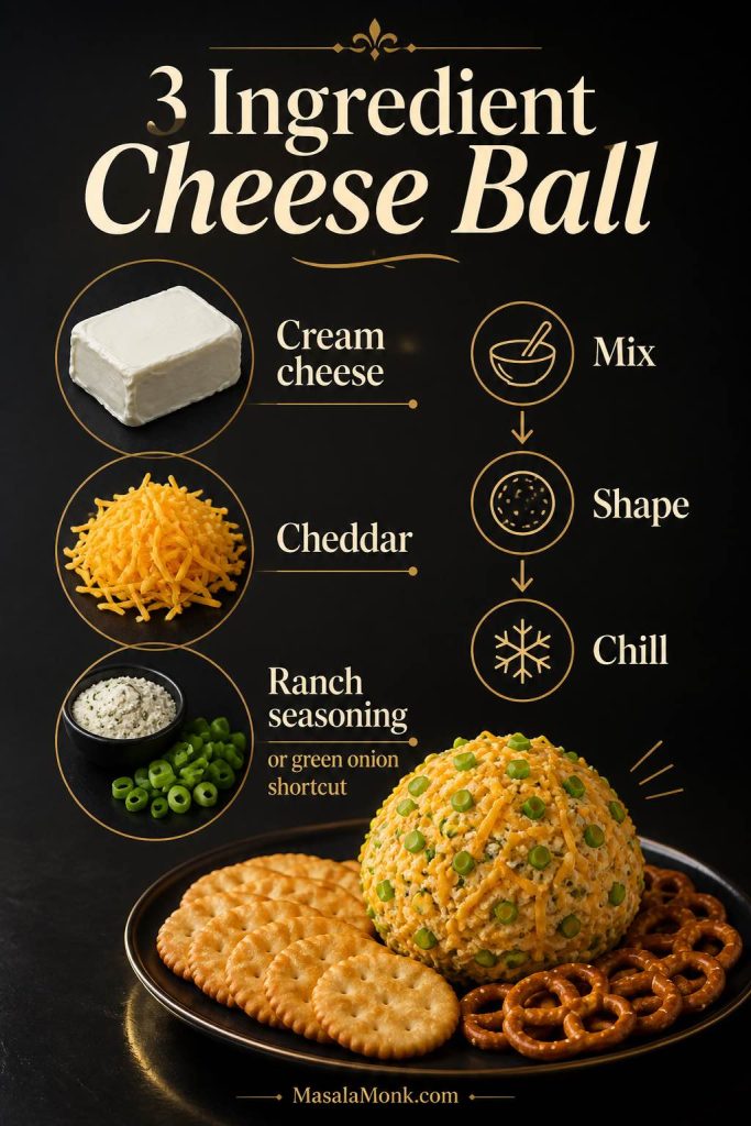 Guide image for a 3 ingredient cheese ball showing cream cheese, shredded cheddar, ranch seasoning or green onion, plus a finished cheese ball served with crackers and pretzels, with the steps mix, shape, and chill.