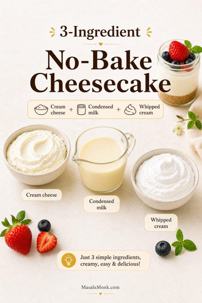 Three-ingredient no-bake cheesecake guide showing cream cheese, condensed milk, whipped cream, and a finished jar dessert