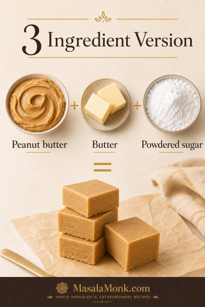 Three ingredient peanut butter fudge board showing peanut butter, butter, powdered sugar, and finished fudge squares.