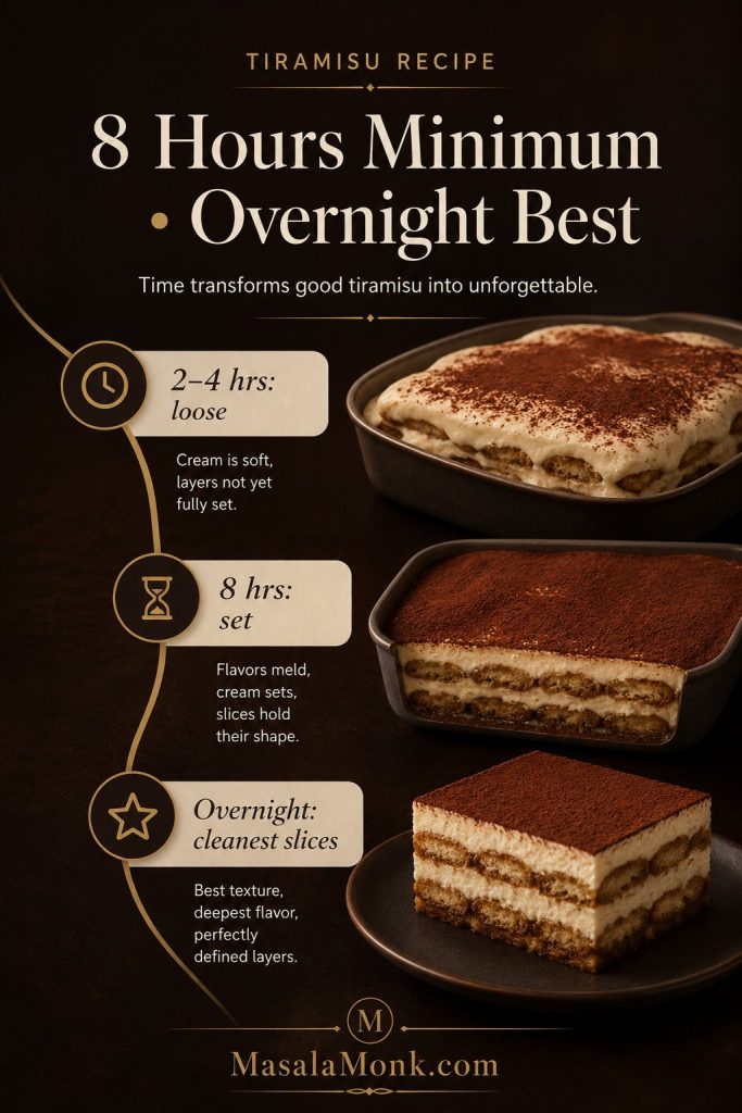 Tiramisu chill-time guide showing 2–4 hours loose, 8 hours set, and overnight as the cleanest slice.
