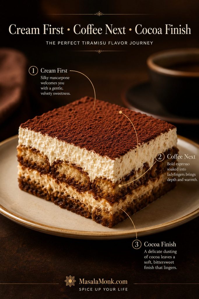 Tiramisu slice with labels showing cream first, coffee next, and cocoa finish.