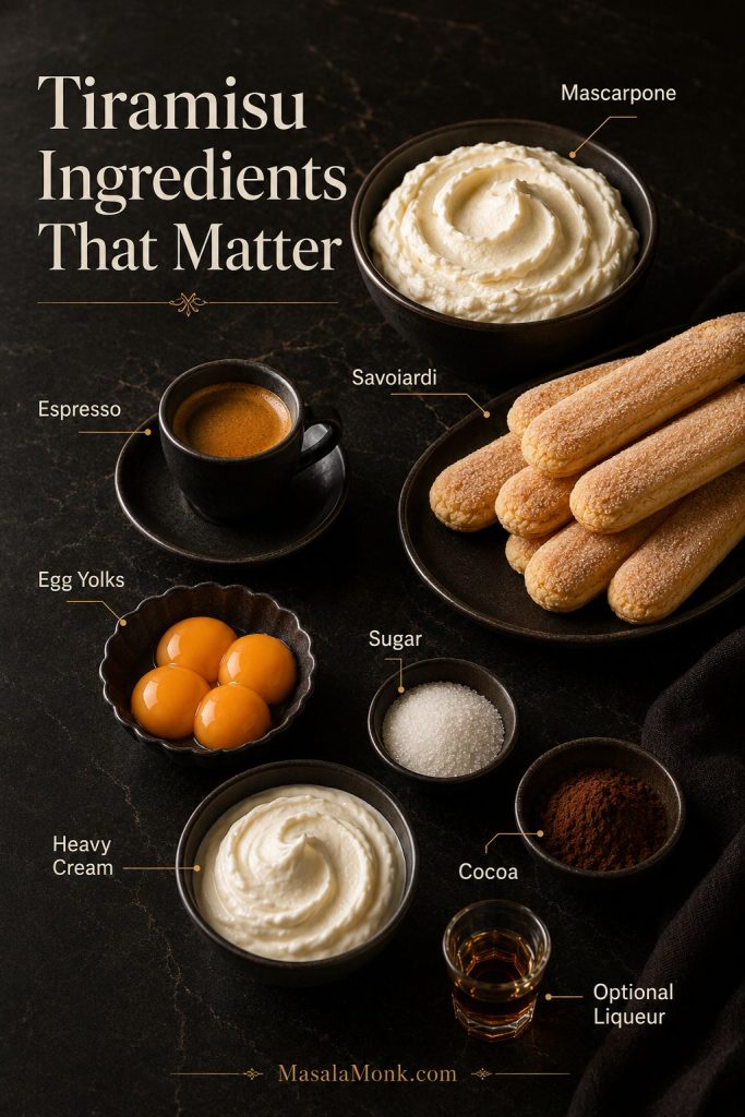Tiramisu ingredients guide with mascarpone, savoiardi, espresso, egg yolks, sugar, cream, cocoa, and optional liqueur.