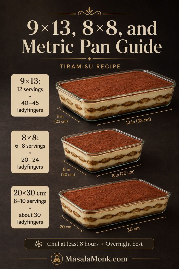 Tiramisu pan-size guide comparing 9×13 inch, 8×8 inch, and 20×30 cm pans with serving and ladyfinger counts.