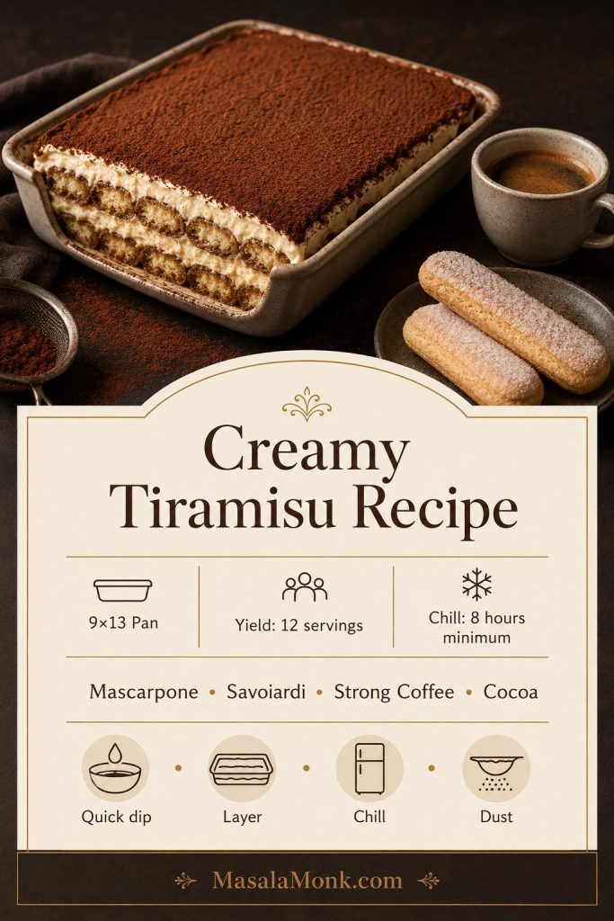 Saveable tiramisu recipe card for a 9×13 pan with yield, chill time, ingredients, and a short method.