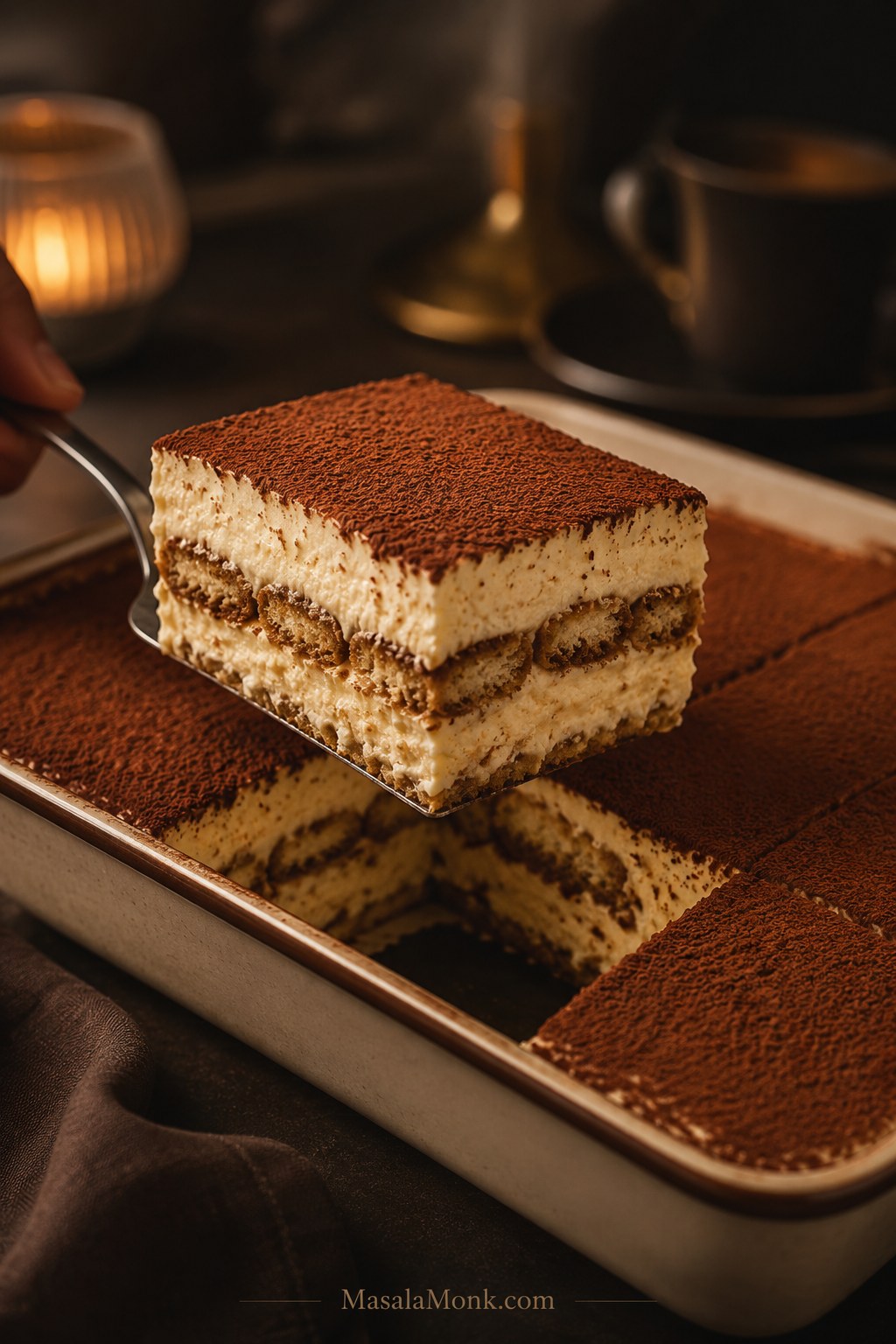 Slice of tiramisu lifted from a 9×13 pan, showing cocoa powder, mascarpone cream, and coffee-soaked ladyfinger layers.