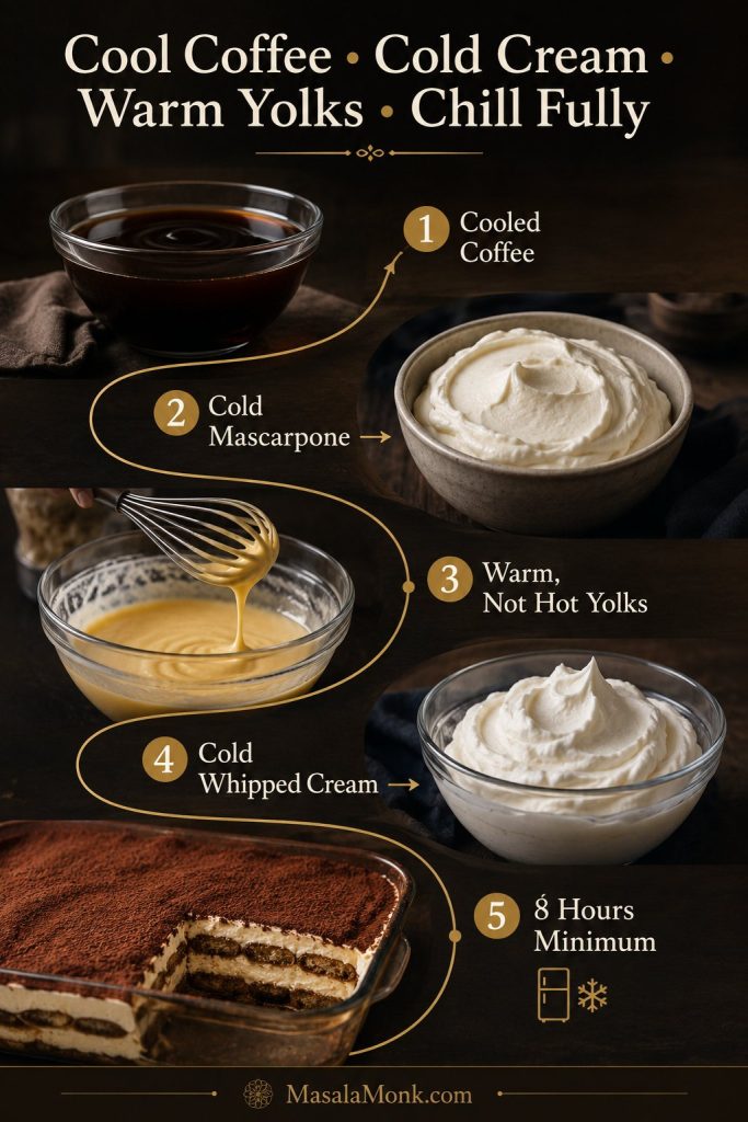 Tiramisu temperature guide showing cooled coffee, cold mascarpone, warm yolks, cold whipped cream, and 8 hours minimum chill time.