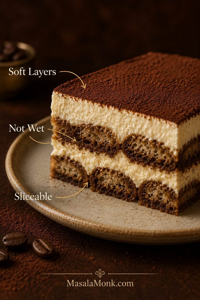 Close-up side view of tiramisu with labels for soft layers, not wet, and sliceable texture.