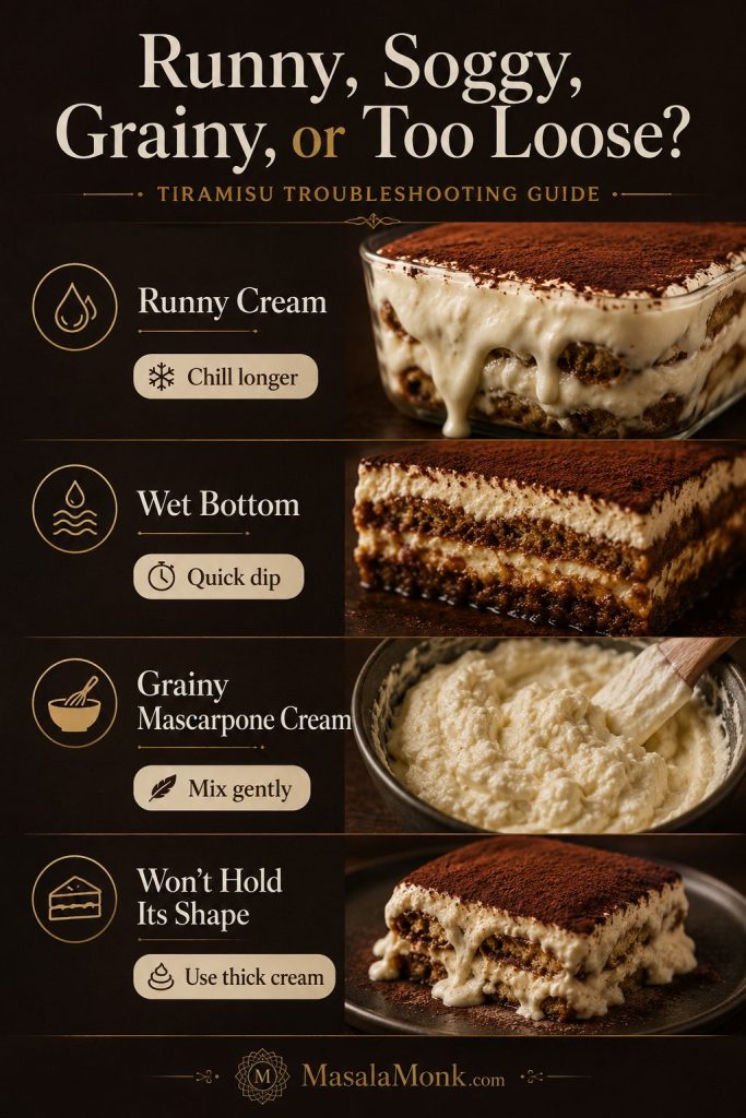 Tiramisu troubleshooting guide showing runny cream, wet bottom, grainy mascarpone cream, and a slice that will not hold.