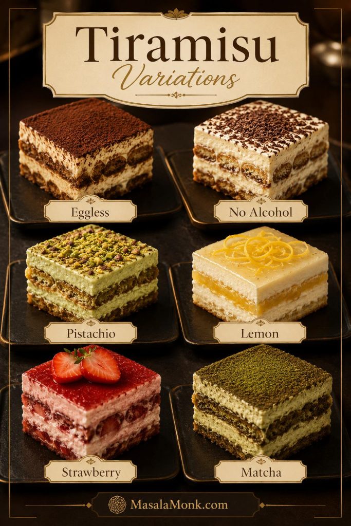 Tiramisu variations guide showing eggless, no-alcohol, pistachio, lemon, strawberry, and matcha tiramisu portions.