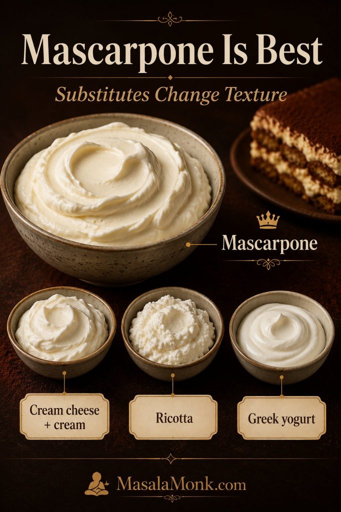 Mascarpone substitute guide for tiramisu showing mascarpone, cream cheese with cream, ricotta, and Greek yogurt.