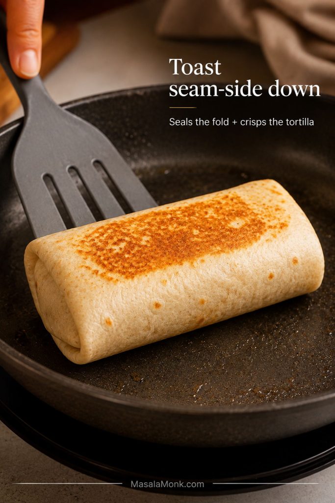 Breakfast burrito toasting seam-side down in a skillet until the tortilla is golden
