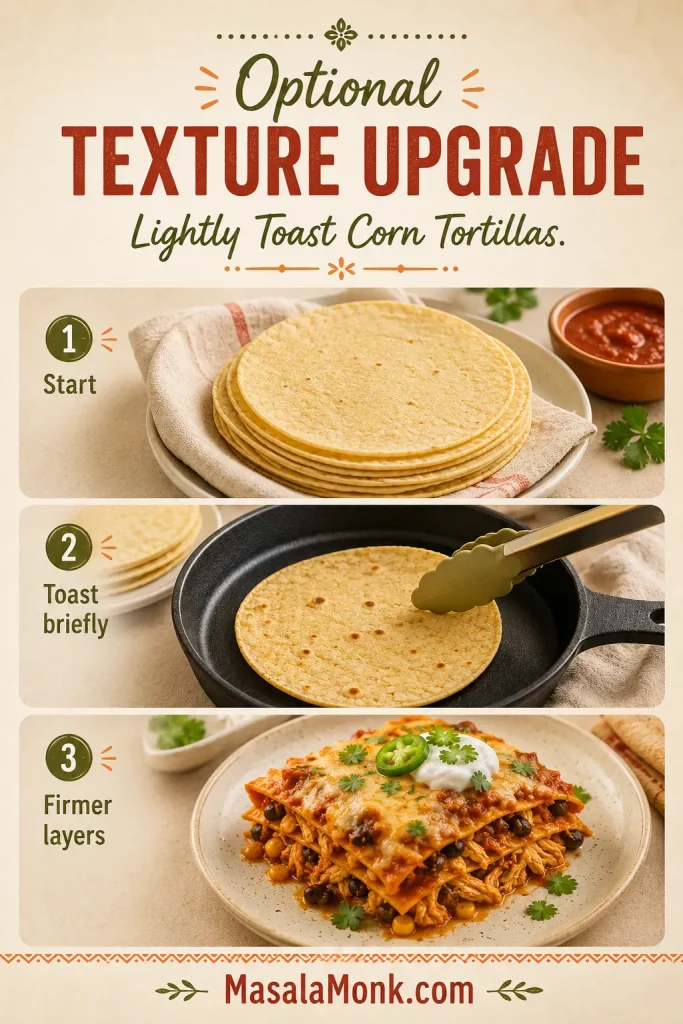 Corn tortillas shown before and after light toasting, with a casserole layer cue for firmer texture.