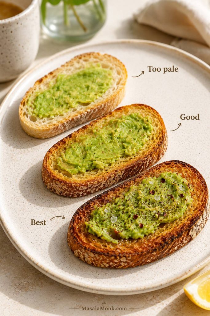 Toast doneness guide for avocado toast showing pale toast, golden toast, and deeply golden toast with avocado spread.