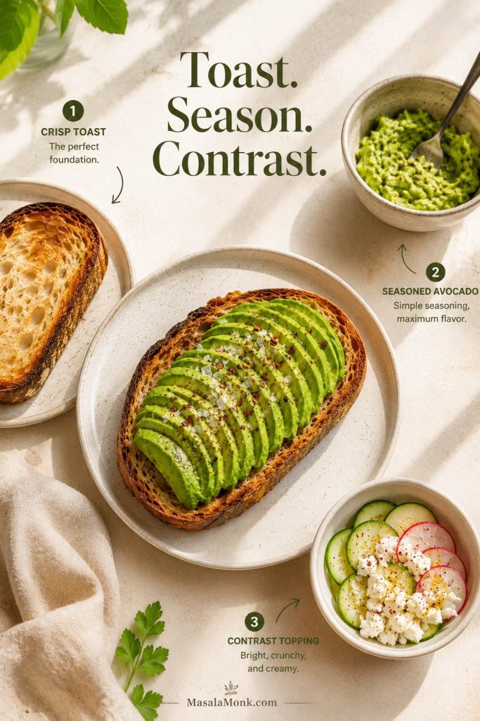 Toast Season Contrast guide with avocado toast, seasoned mash, crisp bread, and contrast toppings arranged around the toast.