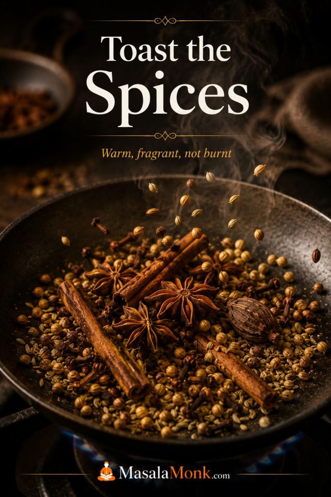 Whole pho spices toasting in a pan, including star anise, cinnamon, cloves, coriander, and fennel.