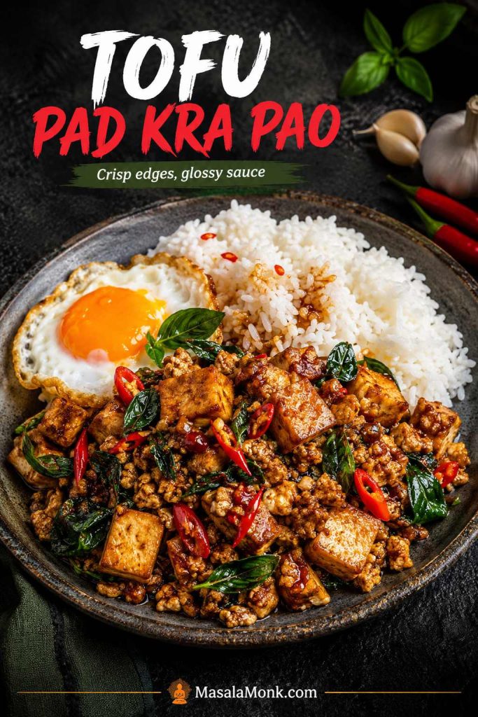 Tofu Pad Kra Pao plate with crisp glossy tofu, basil, red chilies, rice, and fried egg on a dark plate.