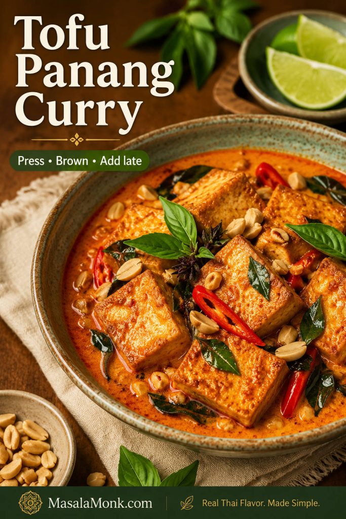 Tofu Panang curry with tofu pieces in coconut curry sauce, Thai basil, peanuts, red chile, and makrut lime leaf garnish.