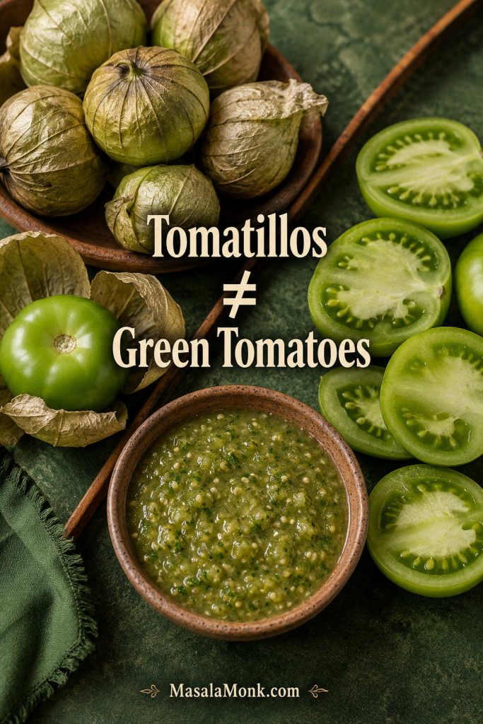 Tomatillos with papery husks beside sliced green tomatoes and a bowl of green tomatillo salsa