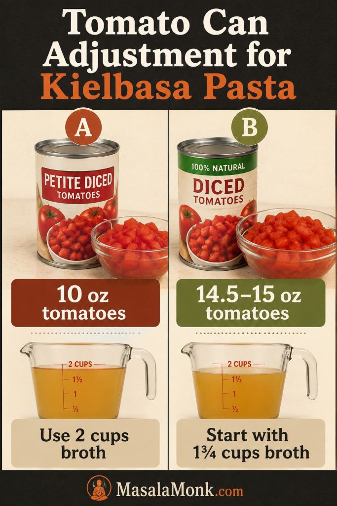 Tomato can adjustment board showing 10 ounces tomatoes with 2 cups broth and 14.5 to 15 ounces tomatoes with 1 3/4 cups broth.