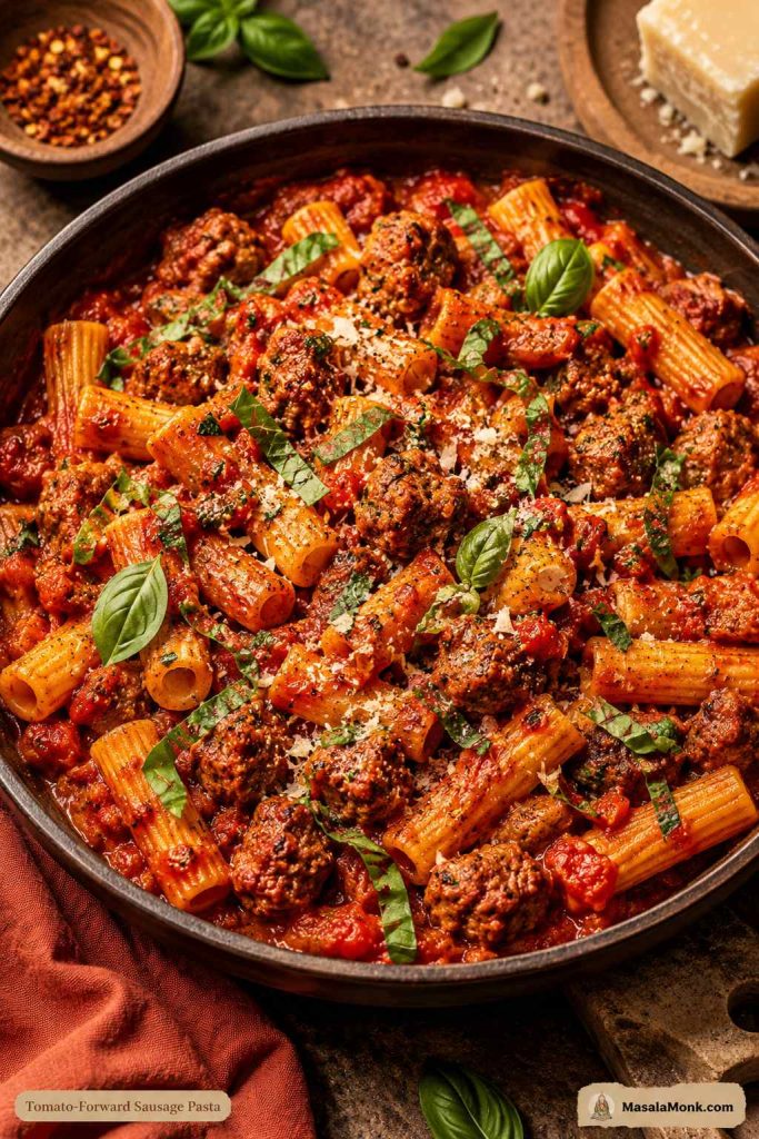 Tomato-forward sausage pasta with browned sausage, short pasta, basil, parmesan, and a brighter red tomato sauce.