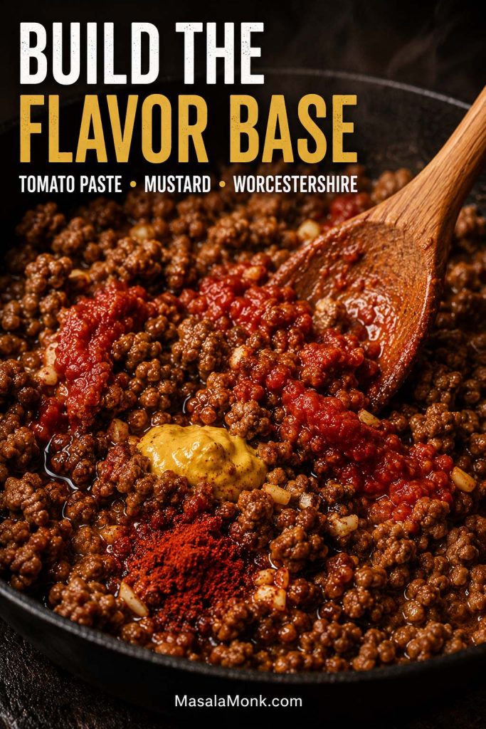 Tomato paste, mustard, Worcestershire sauce, garlic, paprika, and browned beef being stirred together in a skillet.