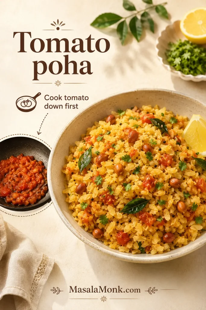 Tomato poha with cooked-down tomato, yellow poha flakes, peanuts, curry leaves, coriander, and lemon.