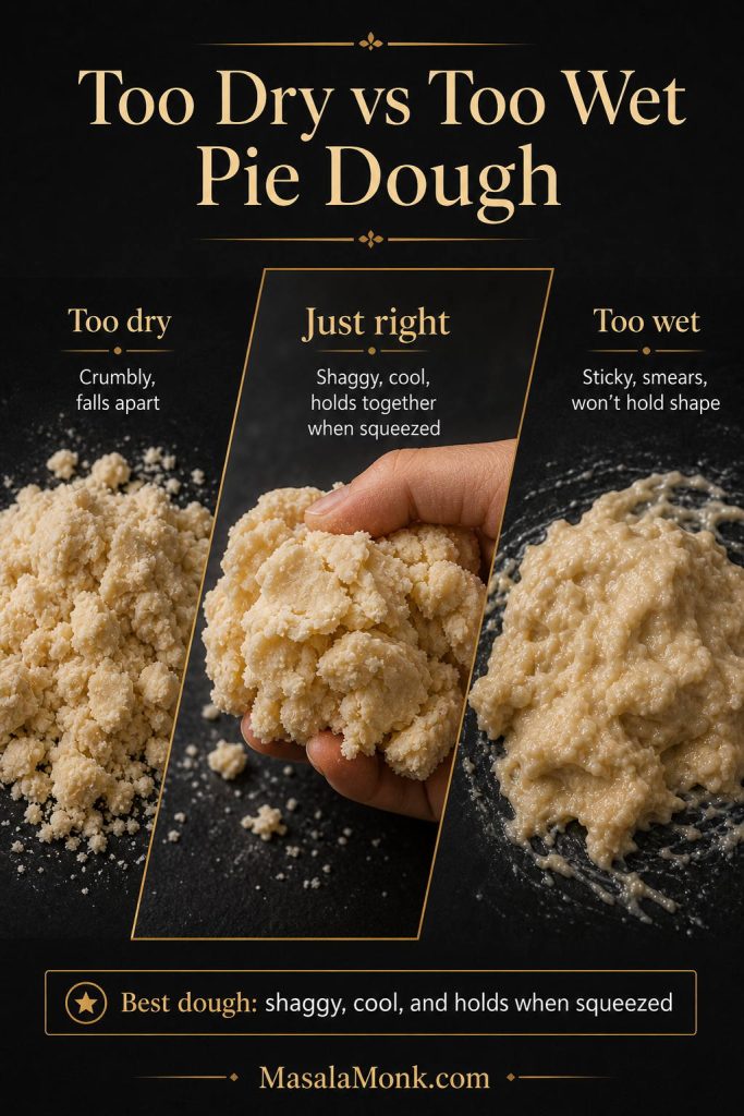 Comparison board showing too-dry crumbly pie dough, just-right shaggy dough held in a hand, and too-wet sticky dough.