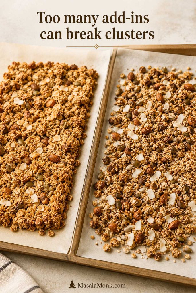 Comparison of balanced granola holding together and overloaded granola with too many nuts, seeds, and coconut breaking apart.