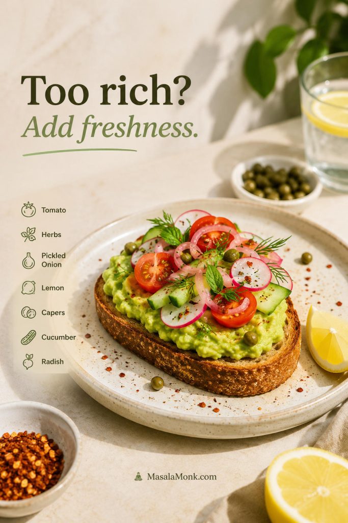 Too-rich avocado toast freshness fix with tomato, herbs, pickled onion, lemon, capers, cucumber, radish, and seasoned avocado.