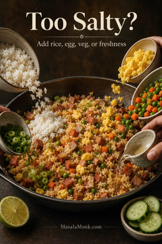 A pan of fried rice with plain rice, egg, vegetables, scallions, cucumber, and a bright finishing ingredient shown as ways to balance too much salt.