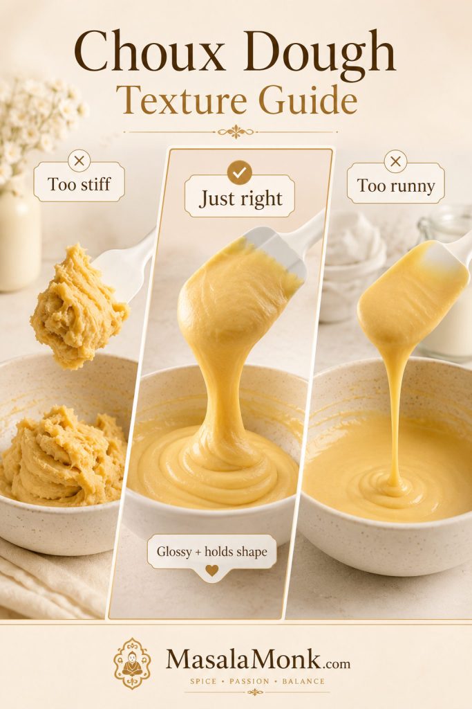 Choux dough texture guide showing too stiff, just right, and too runny dough in separate bowls.