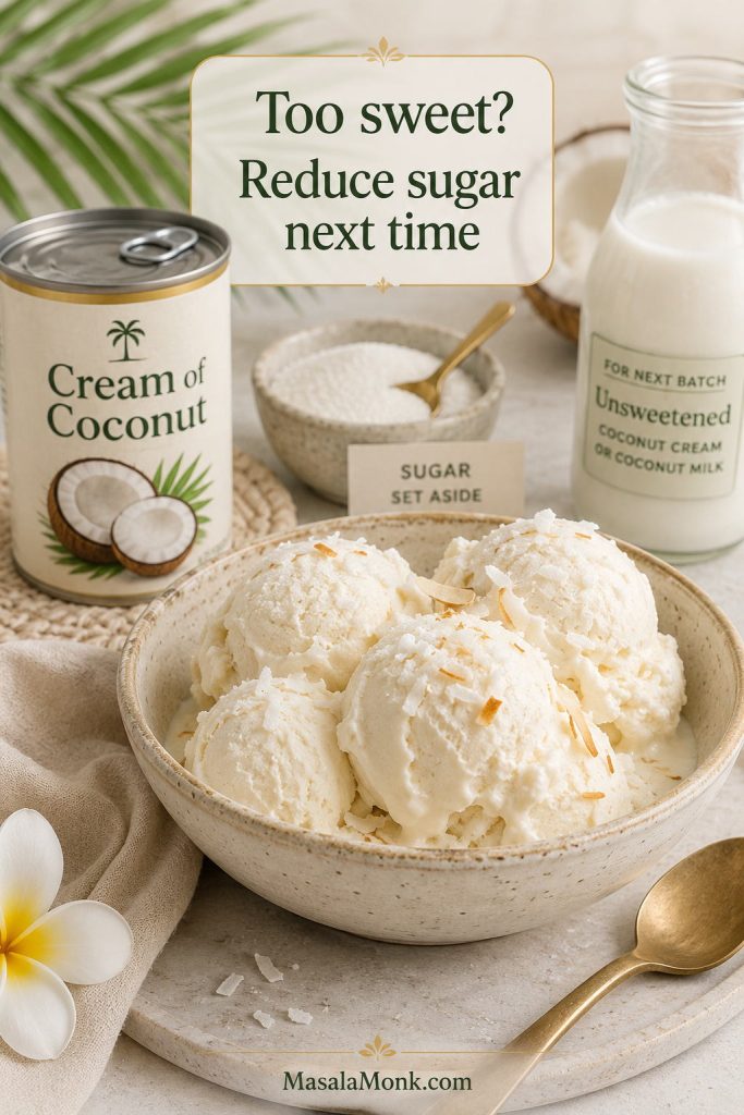 Cream of coconut ice cream with cream of coconut and sugar shown nearby to explain how to fix an overly sweet batch.