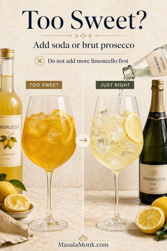 Before-and-after comparison showing a too-sweet limoncello spritz being lightened with soda water or brut prosecco.