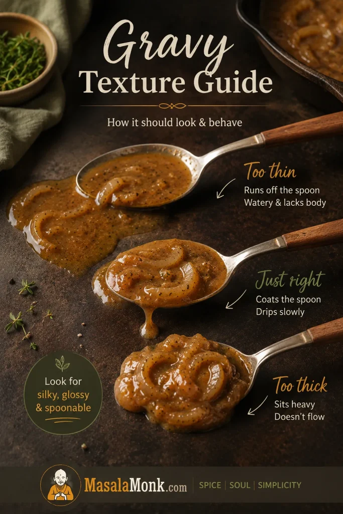 Three spoons comparing onion gravy textures: too thin, just right, and too thick.