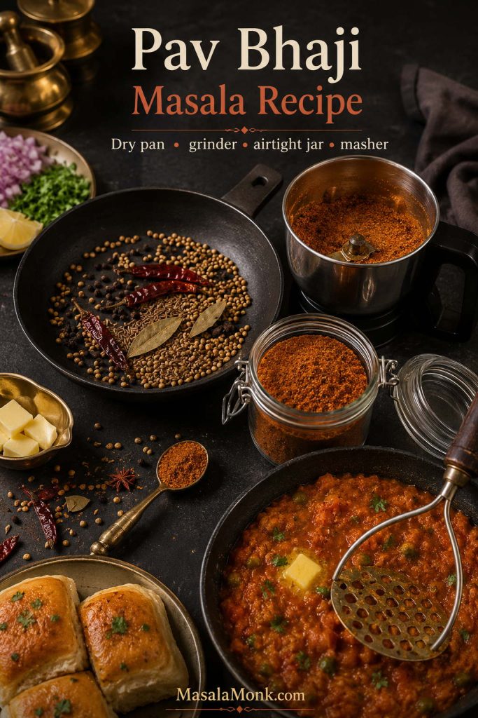 Dry pan, mixer grinder jar, airtight glass jar, dry spoon, roasted spices, potato masher, pav, and pav bhaji arranged as useful tools for the recipe.