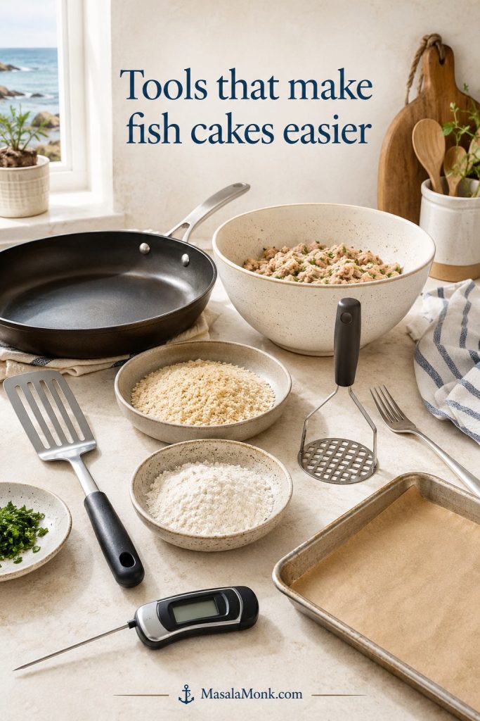 Kitchen tools for making fish cakes including a skillet, spatula, masher, mixing bowl, coating bowls, tray, and thermometer