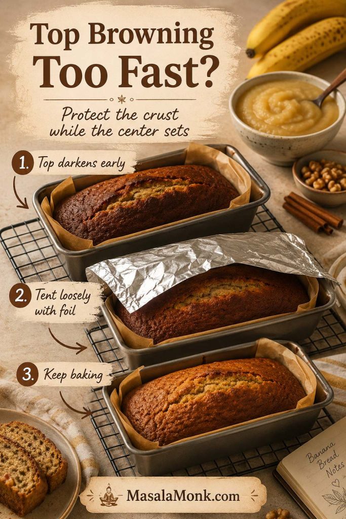 Foil tent sequence for banana bread showing a darkening top, loose foil over the loaf, and continued baking.