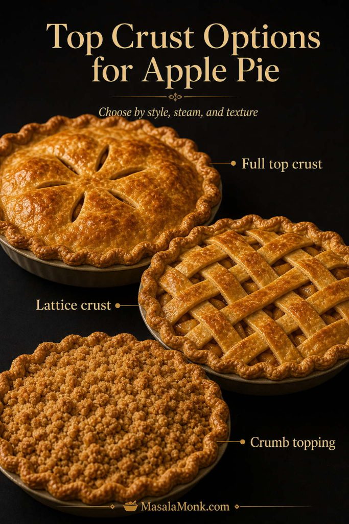 Top crust options for apple pie showing a full top crust, lattice crust, and crumb topping with labels.