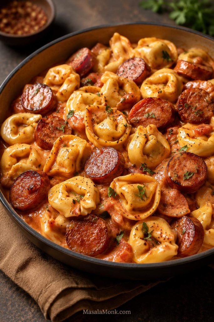 Tortellini kielbasa pasta with cheese tortellini, browned sausage slices, creamy tomato sauce, herbs, and black pepper.
