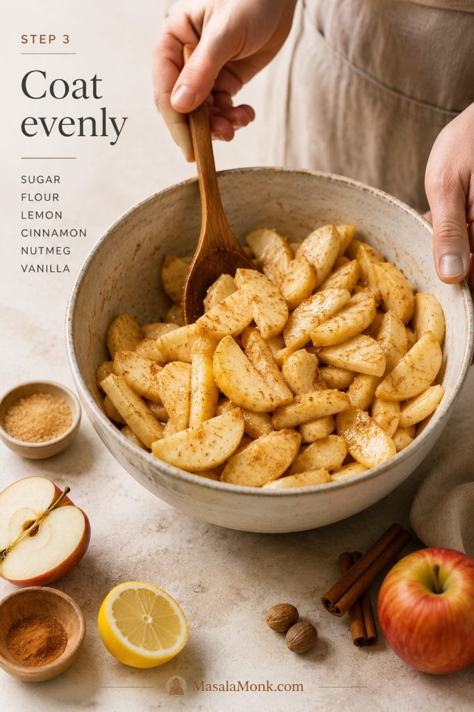 Apple slices tossed in a bowl with sugar, flour, lemon, cinnamon, nutmeg, salt, and vanilla.