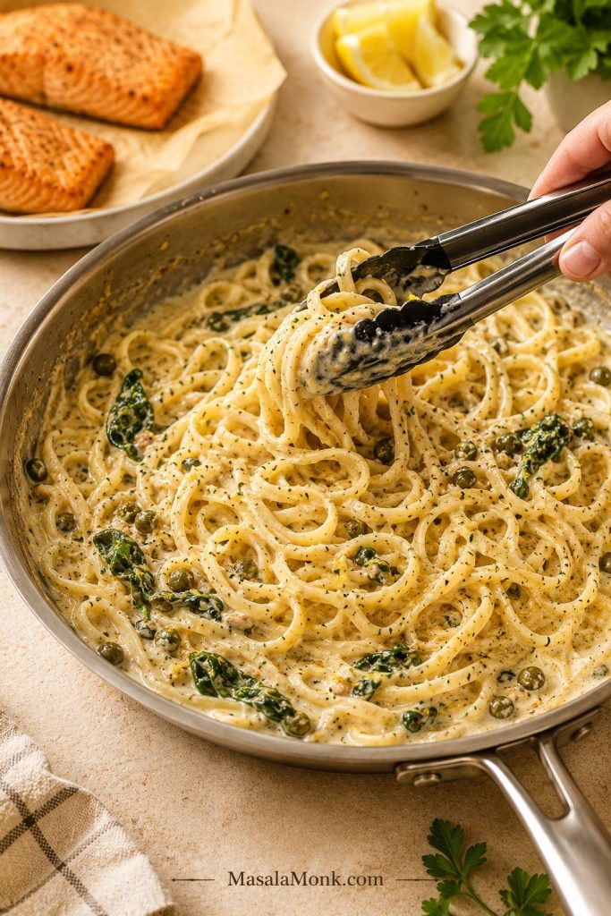 Pasta being tossed in lemon garlic cream sauce while cooked salmon rests nearby